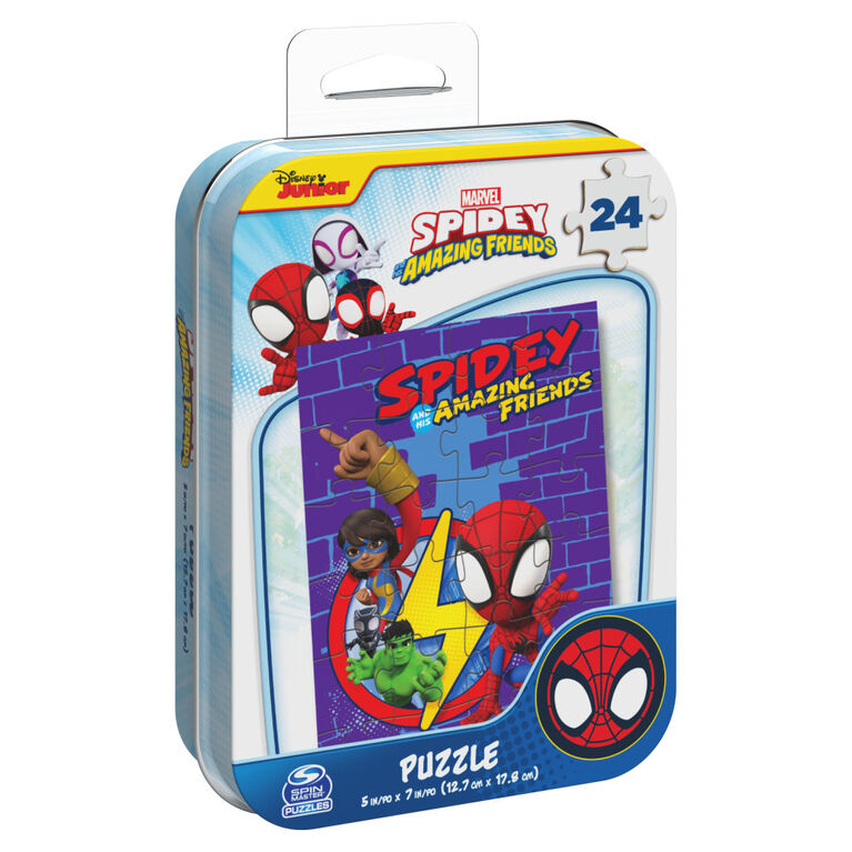 Marvel, Puzzle de 24 pi&egrave;ces Spidey and his Amazing Friends, Peter Miles, Gwen, produit officiel de comics de super-h&eacute;ros, avec bo&icirc;te cadeau en m&eacute;tal