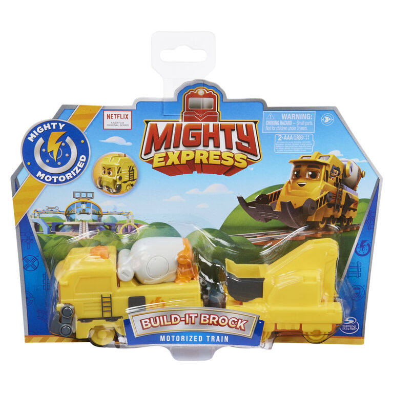 Mighty Express, Train motorisé Brock le bâtisseur avec outil qui fonctionne vraiment et wagon de cargaison, jouets pour enfants à partir de 3 ans