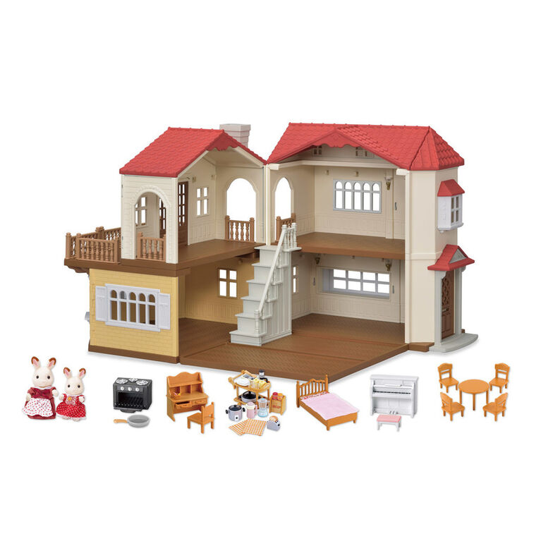 Calico Critters Maison de campagne au toit rouge, maison de poupée avec figurines, meubles et accessoires