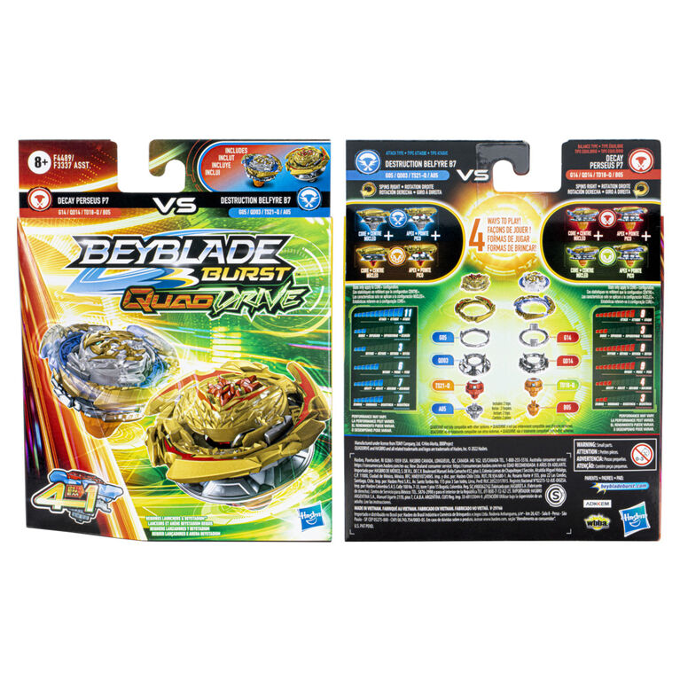 Beyblade Burst QuadDrive, Pack de 2 toupies de compétition Destruction Belfyre B7 et Decay Perseus P7