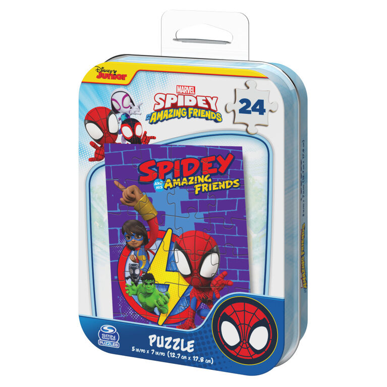 Marvel, Puzzle de 24 pi&egrave;ces Spidey and his Amazing Friends, Peter Miles, Gwen, produit officiel de comics de super-h&eacute;ros, avec bo&icirc;te cadeau en m&eacute;tal