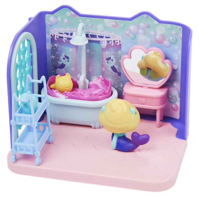 DreamWorks Gabby's Dollhouse, Primp and Pamper Bathroom with MerCat Figure, 3 Accessories, 3 Furniture and 2 Deliveries