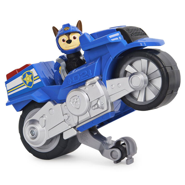 PAW Patrol, Deluxe Vehicle Moto Pups, Moto à rétrofriction de Chase avec fonction roue arrière et figurine