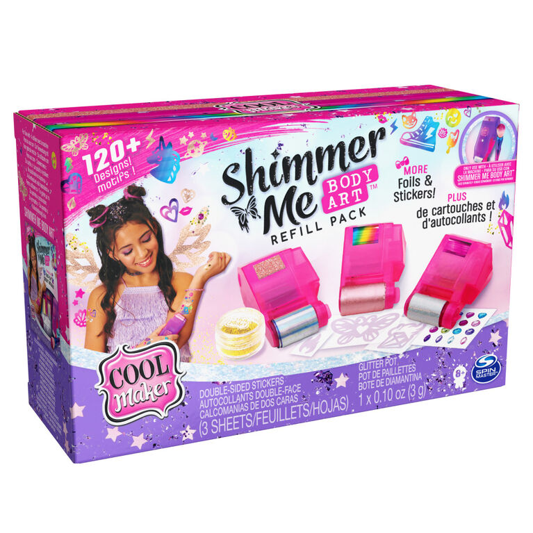 Cool Maker, Shimmer Me Body Art Refill Pack with Exclusive Glitter, 3 Metallic Foils, Over 120 Designs, Temporary Tattoo