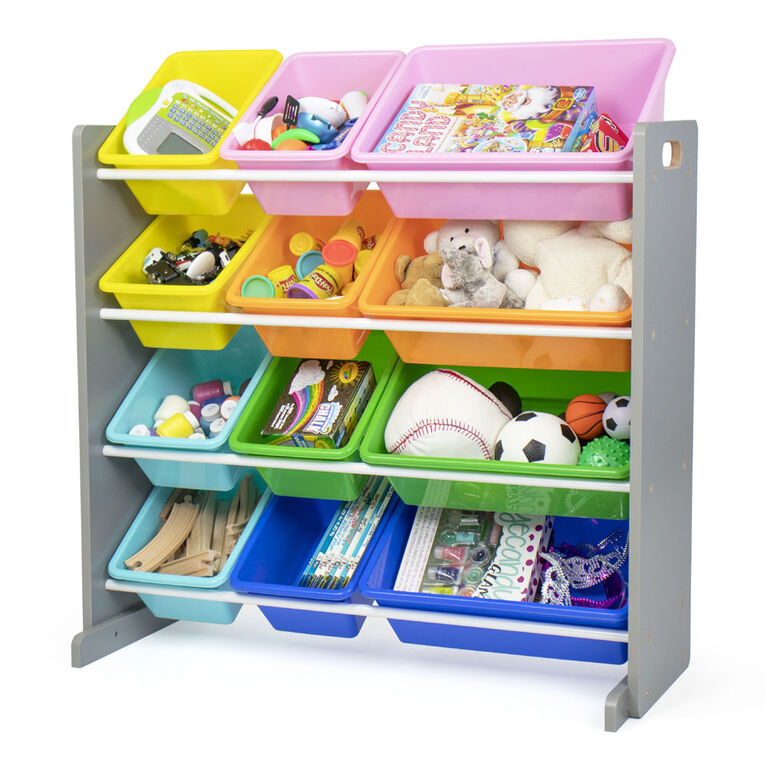 Système de rangement pour jouets avec 12 bacs de rangement, gris