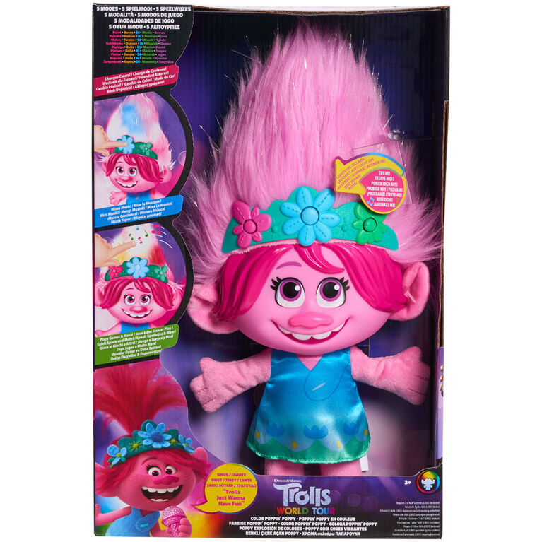 Peluche à Effets Sonores de Poppy Jaillissante En Couleur de Trolls World Tour de DreamWorks - Édition française