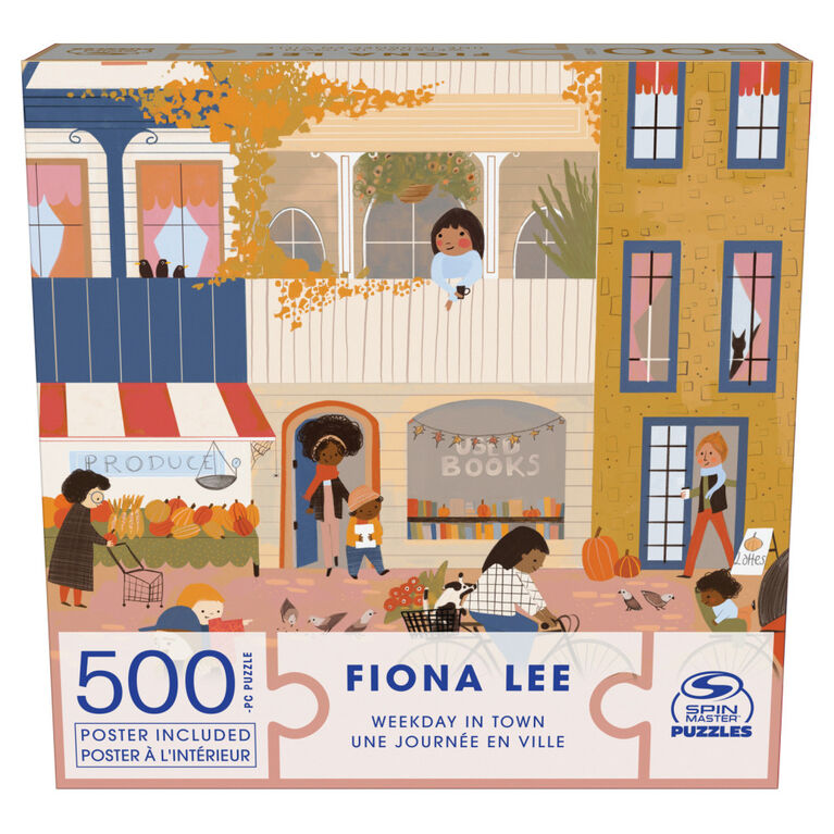 Spin Master Puzzles, Weekday in Town Jigsaw Puzzle 500 Pieces by Artist Fiona Lee with Wall Decor Poster