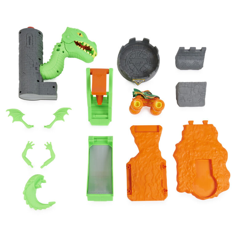 Monster Jam, Dueling Dragon Playset avec monster truck Dragon exclusif à l'échelle 1:64