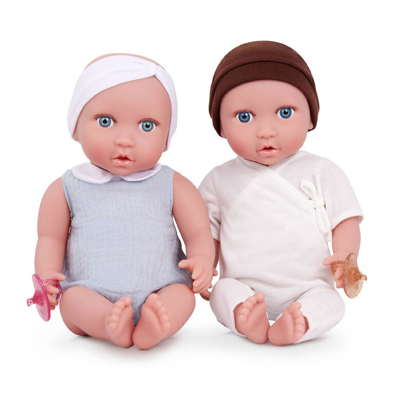 Babi Twin Dolls - Blue Eyes, White Headband and Brown Hat 14-inch Baby Boy and Girl Doll Twins