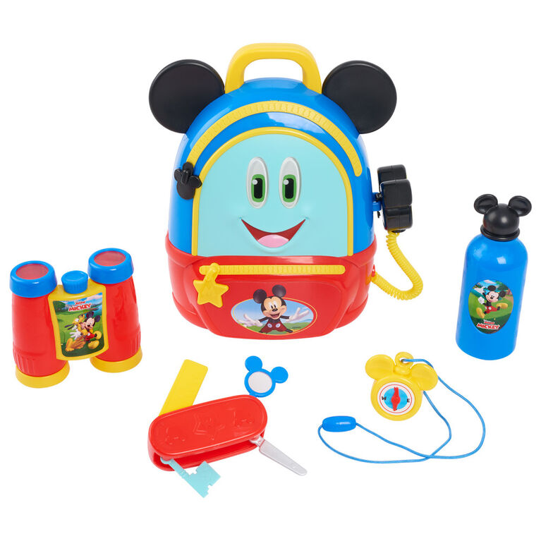 Disney Junior Mickey Mouse Funhouse Adventures Backpack, 5 Piece Pretend Play Set with Lights and Sounds Accessories