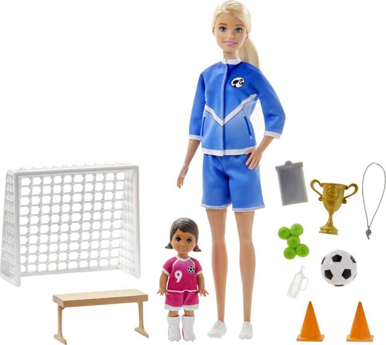 Coffret de jeu Barbie Entraîneuse de soccer avec 2 poupées et accessoires