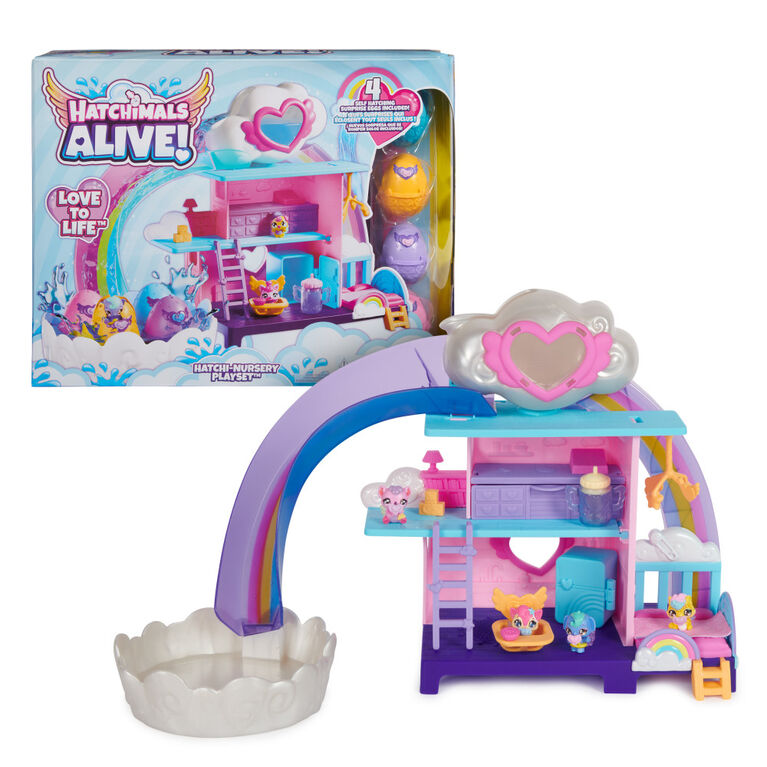 Hatchimals Alive, Hatchi-Nursery Playset avec 4 mini figurines dans des oeufs qui éclosent tout seuls, 13 accessoires