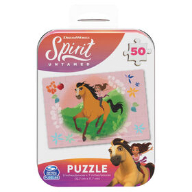 DreamWorks, Spirit : L'Indomptable, Puzzle de 50 pièces facile et coloré, Lucky, film sur les chevaux, produit officiel du film, avec boîte en métal