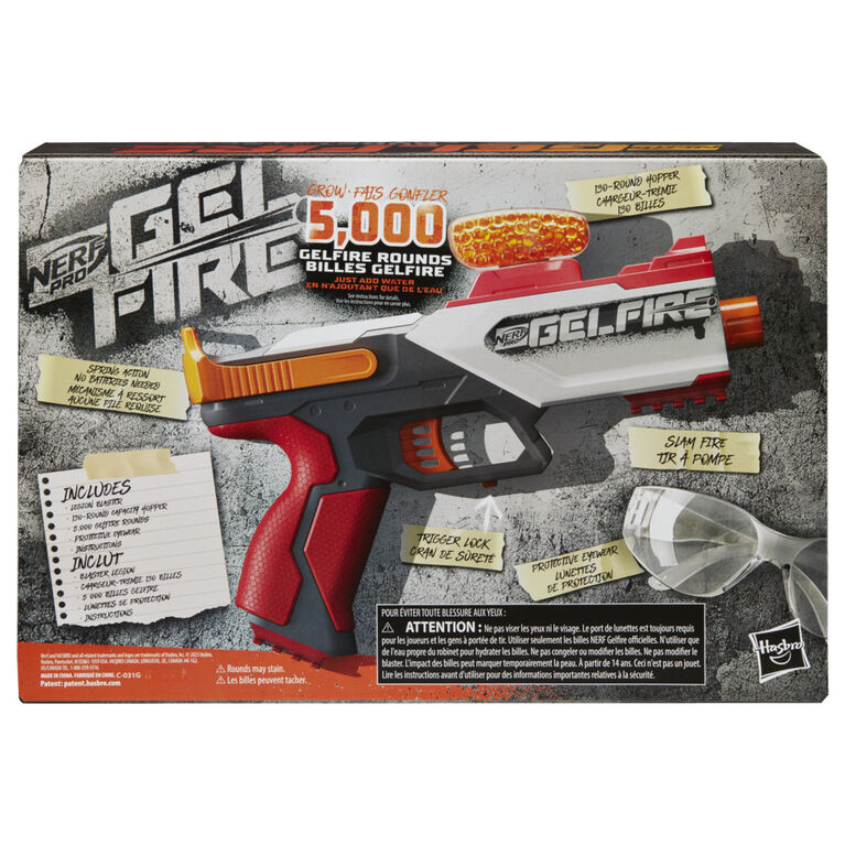 Nerf Pro Gelfire, blaster à ressort Legion, 5 000 billes Gelfire,  chargeur-trémie 130 billes, lunettes de protection, tir à pompe