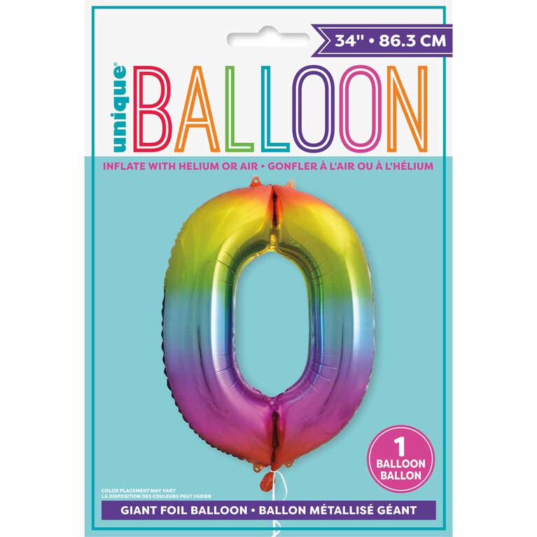 Rainbow Number 0 Shaped Foil Balloon 34"