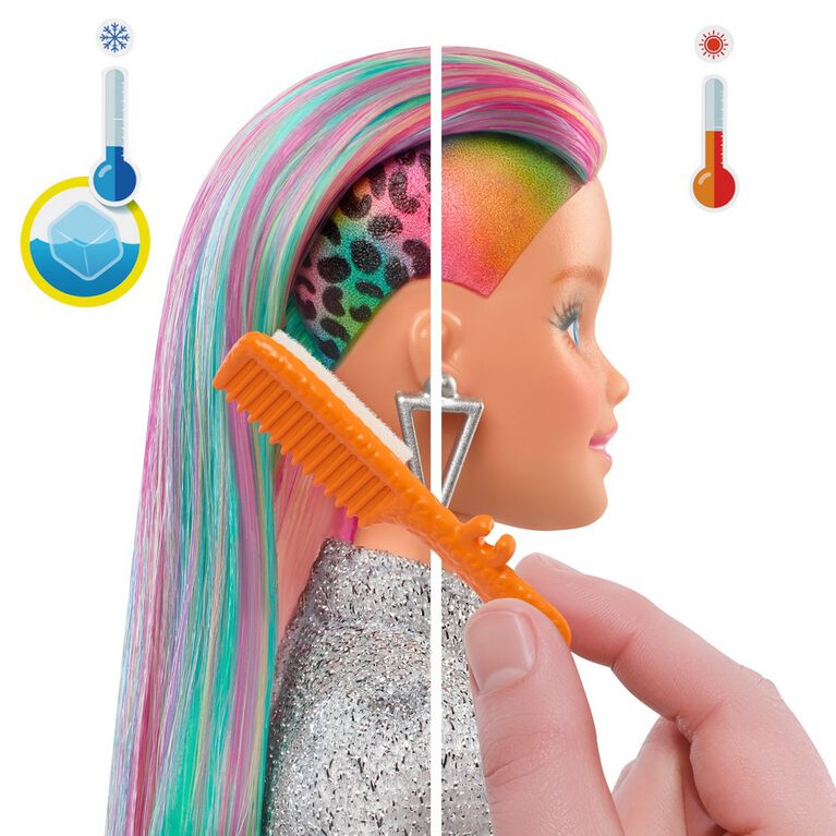 Barbie Leopard Rainbow Hair Doll (Blonde) with Color-change Hair Feature, 16 Accessories