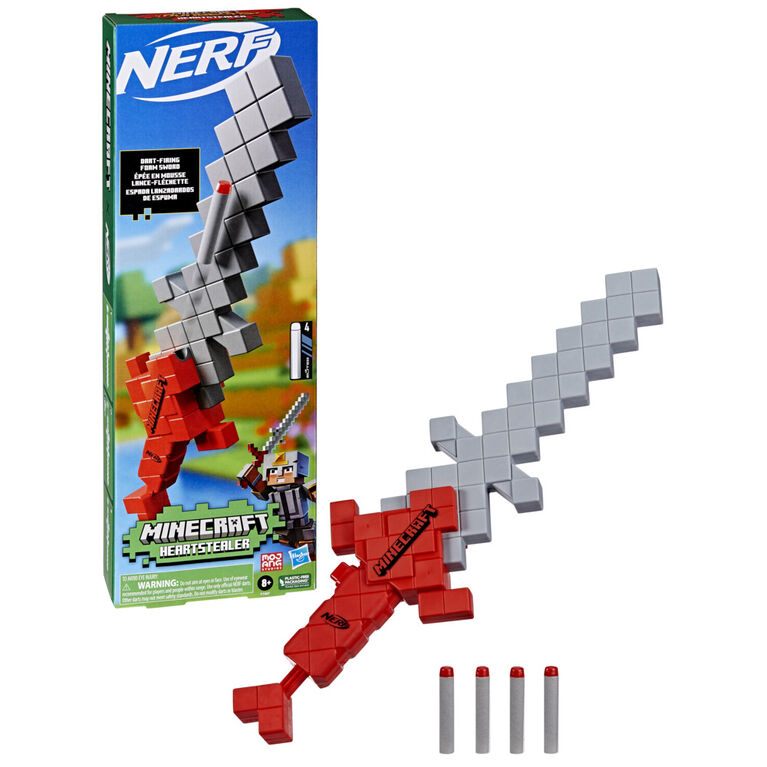 Nerf Minecraft, épée lance-fléchette Heartstealer, inclut 4 fléchettes en mousse Nerf Elite, design inspiré de l'épée du jeu Minecraft