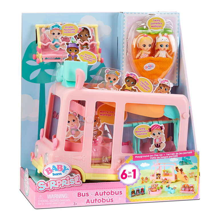 BABY BORN Surprise Bus Playset with 2 exclusive twin mini babes/ 6-in-1 playground on the go for all your BABY BORN Surprise collectible pets and babies/ can fit 20+ BABY BORN Surprise Mini Babies