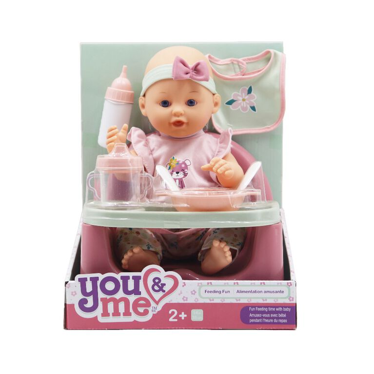 You & Me 14" Feeding Fun. With 14" hard body doll with vinyl hands & legs, with feeding chair & feeding accessories