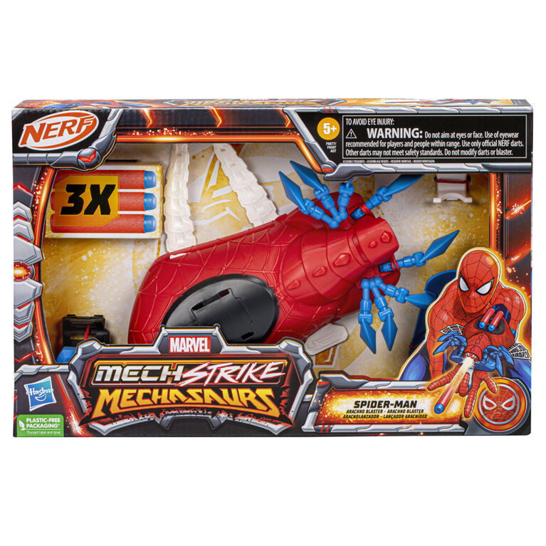 Marvel Mech Strike Mechasaurs, Arachno Blaster Nerf de Spider-Man avec 3 fléchettes, jouet de déguisement de super-héros