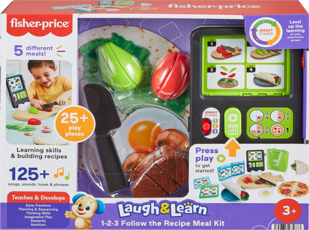 Fisher-Price Laugh & Learn 123 Follow the Recipe Meal Kit Preschool Pretend Playset, 3 Pieces