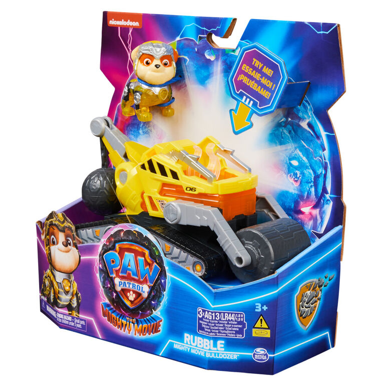 PAW Patrol: The Mighty Movie, Construction Toy Truck with Rubble Mighty Pups Action Figure, Lights and Sounds