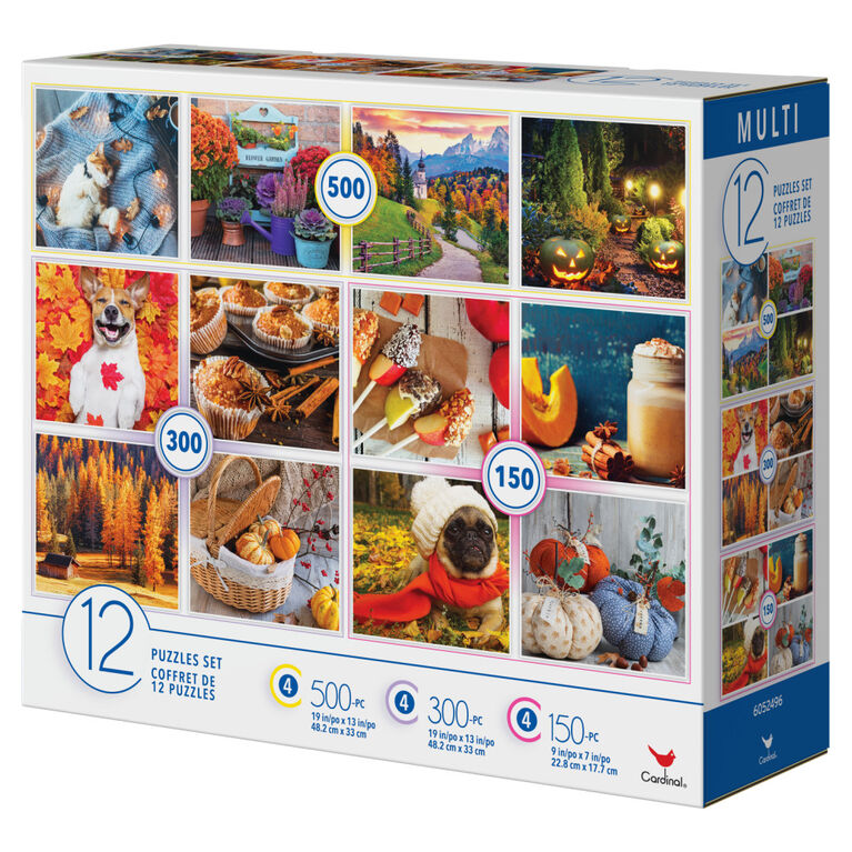 12 Jigsaw Puzzle Bundle, Fall Autumn Leaves Outdoor Landscape, 500, 300, 150 Pieces