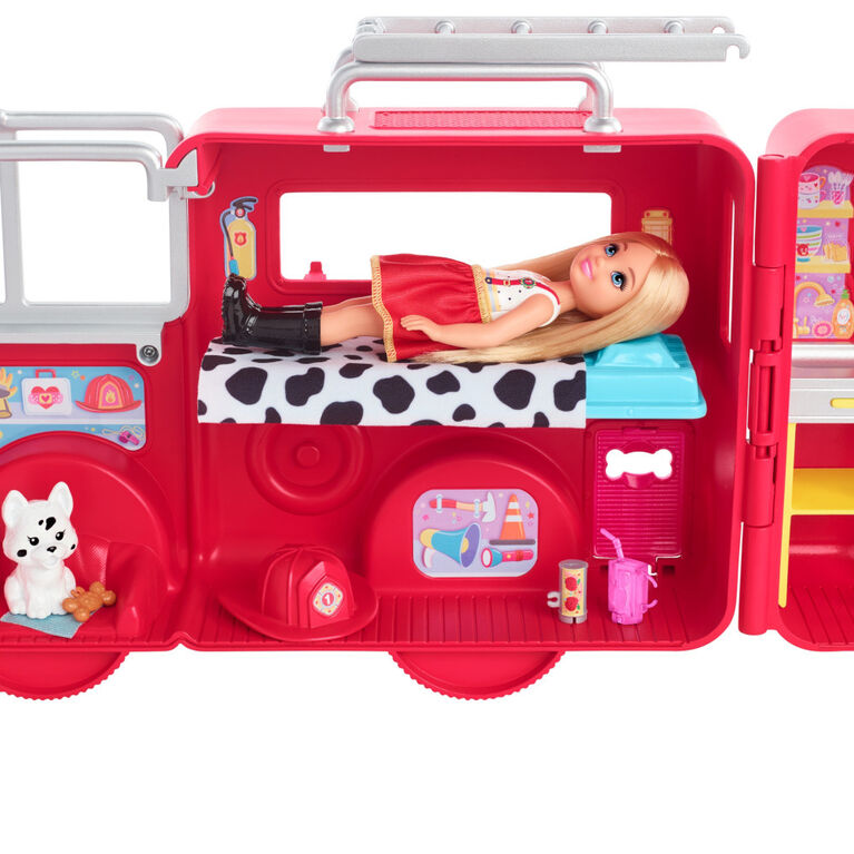 Barbie Chelsea Fire Truck Playset, Chelsea Doll (6 inch), Fold Out Firetruck, 15+ Storytelling Accessories, Stickers
