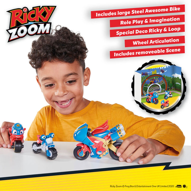 Ricky Zoom: Aventure Steel Awesome Emballage Groupé -- 3 po et 4po figurines de moto - les Roues mobiles, se tient débout, Jouet Moto - Notre exclusivité