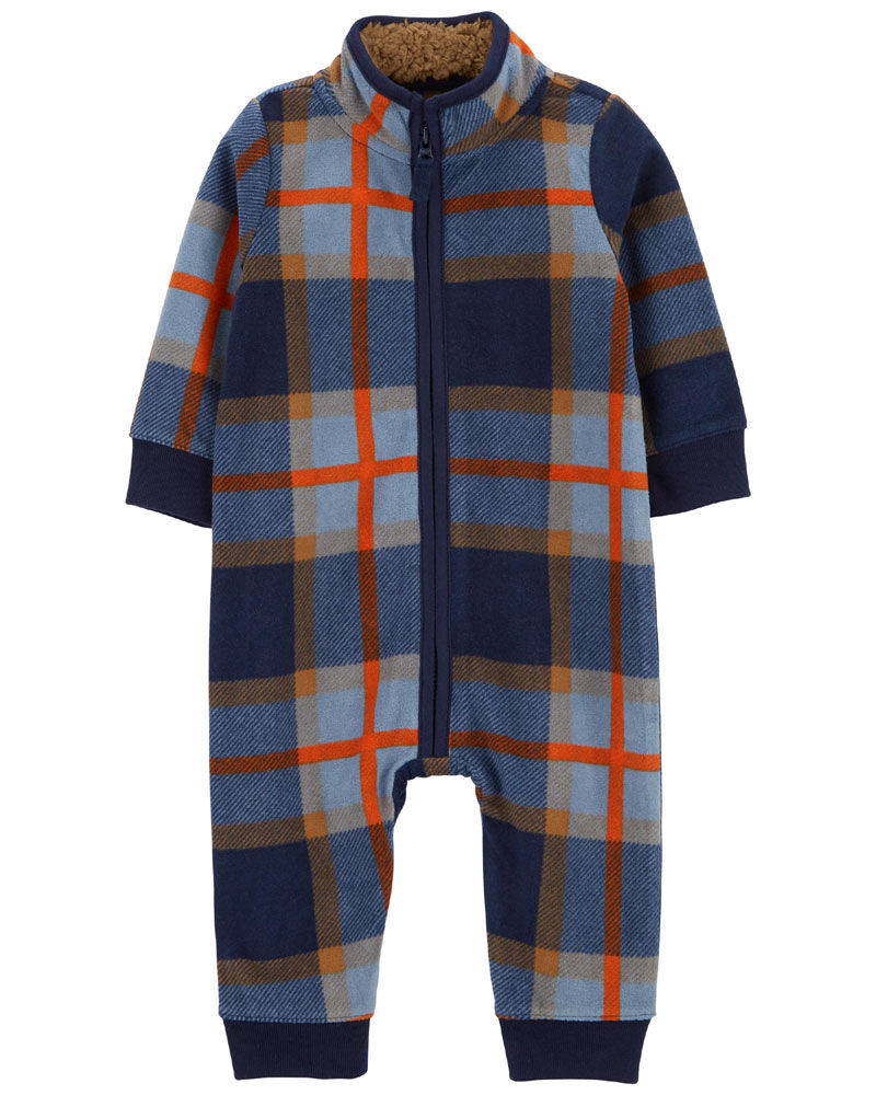 Carter's Plaid Zip Up Fleece Jumpsuit Navy  3M