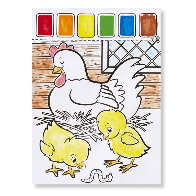 Melissa & Doug Peinture à l'eau - Animaux de la ferme, 20 pages perforées, palettes anti-éclaboussures