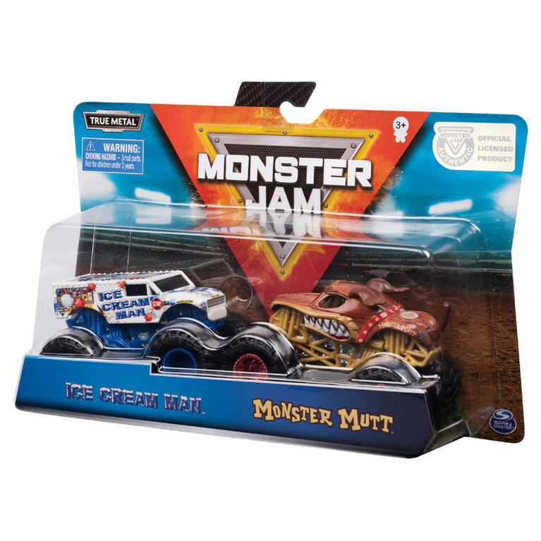 Monster Jam, Coffret de 2 véhicules authentiques Ice Cream Man vs Monster Mutt, Monster trucks en métal moulé à l'échelle 1:64.