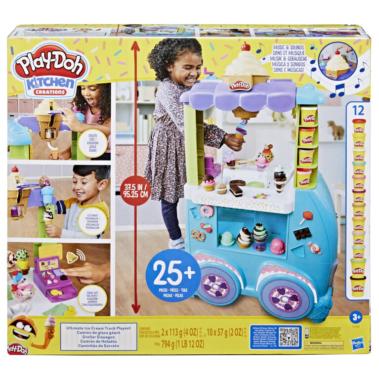 Play-Doh Kitchen Creations Ultimate Ice Cream Truck Playset, Jumbo Kitchen Food Truck Toy for Kids 3 Years and Up with 27 Accessories, 12 Cans, Realistic Sounds, Non-Toxic