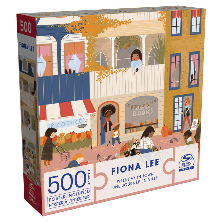 Spin Master Puzzles, Weekday in Town Jigsaw Puzzle 500 Pieces by Artist Fiona Lee with Wall Decor Poster