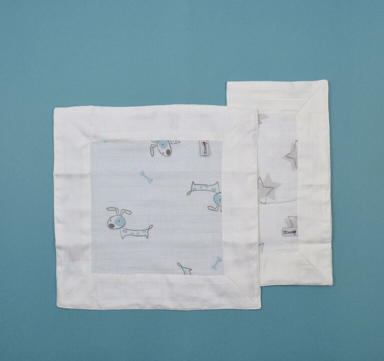 BBZanimo 2Pack muslin security blanket Dog aqua + Stars grey