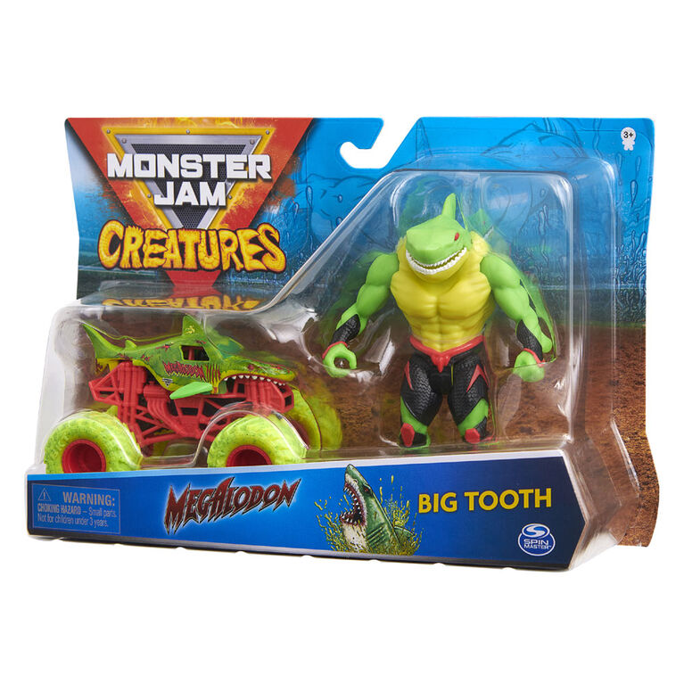Monster Jam, Coffret Monster truck Megalodon à l'échelle 1:64 officiel et figurine articulée Big Tooth Creatures de 12,7 cm (Zombie Green)