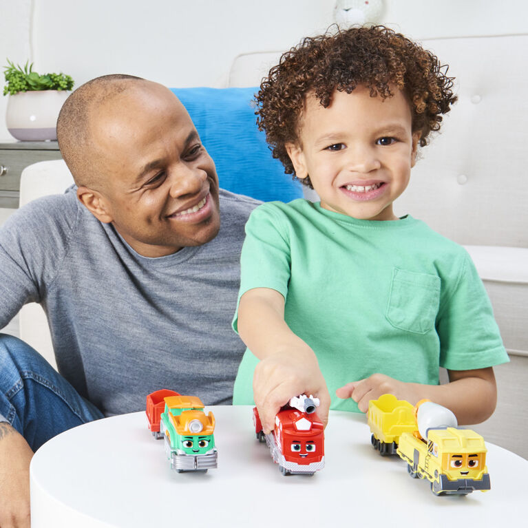 Mighty Express, Petit train Push and Go Rick le pompier avec wagon de cargaison, jouets pour enfants à partir de 3 ans