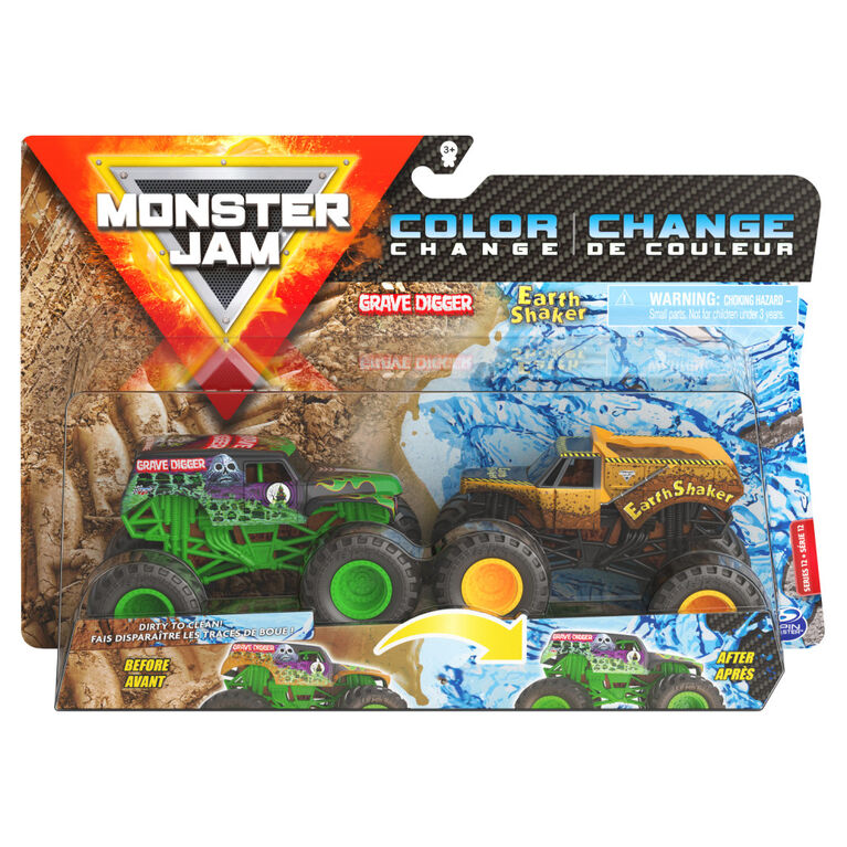 Monster Jam, Official Grave Digger vs. Earth Shaker Color-Changing Die-Cast Monster Trucks, 1:64 Scale