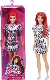 Barbie Fashionistas Doll #168, Smaller Bust, Long Red Hair, Zebra-striped Dress with Puffed Sleeves, Hoop Earrings, Shoes