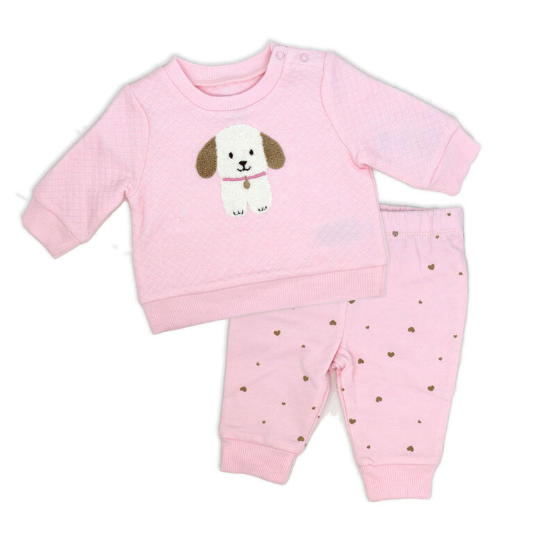 Baby Mode Quilted Top and Fleece Pant Set: Pink Puppy