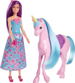 Barbie-Coffret poupée et licorne-avec selle, brosse et accessoires