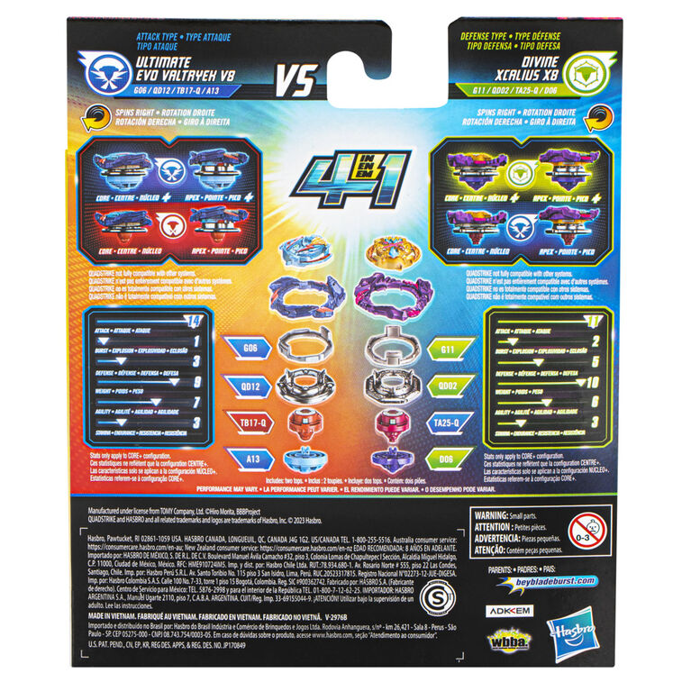 Beyblade Burst QuadStrike Ultimate Evo Valtryek V8 and Divine Xcalius X8 Spinning Top Dual Pack, Battling Game Top Toy
