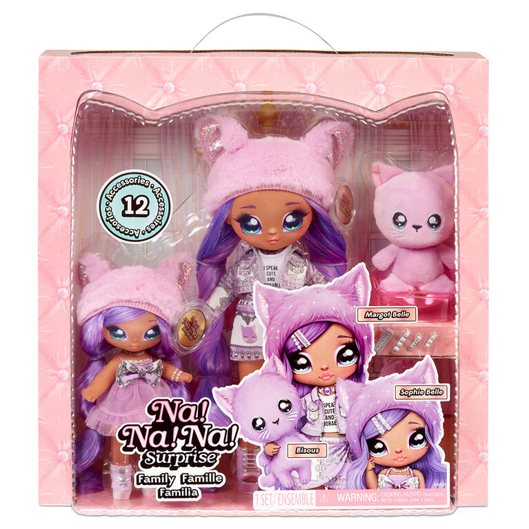 Poupée douce Na Na Na Surprise Family, ensemble de 3 poupées avec 2 poupées-mannequins et 1 animal - Lavender Kitty