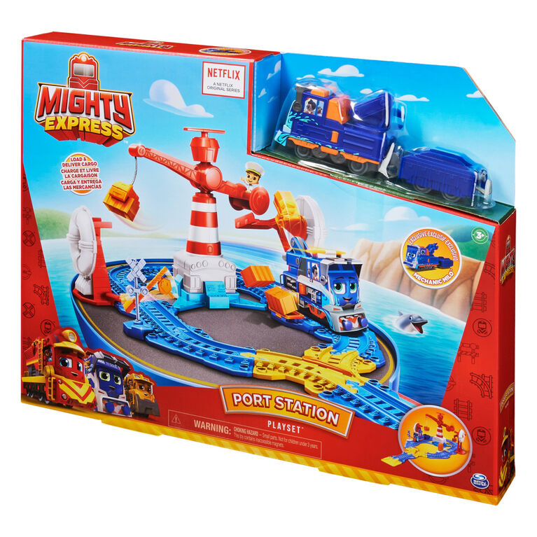 Mighty Express, Port Station Playset with Exclusive Mechanic Milo Toy Train and Magnetic Crane