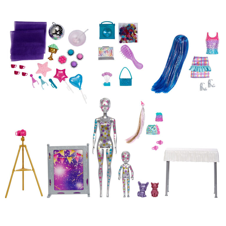 Barbie Color Reveal Surprise Party! Set with 50+ Surprises, 2 Dolls and 2 Pets - Styles May Vary