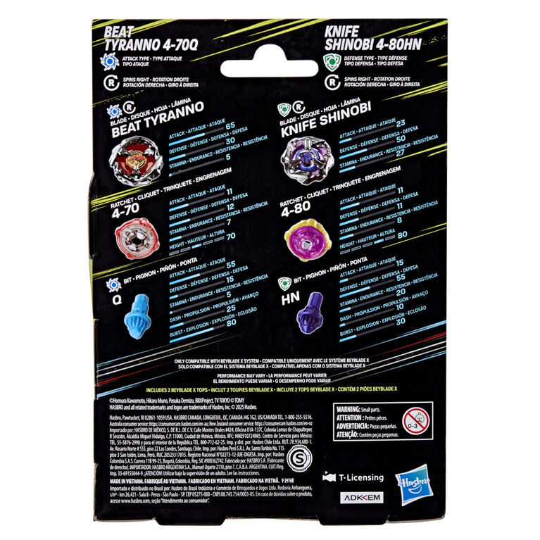 Beyblade X Beat Tyranno 4-70Q & Knife Shinobi 4-80HN Dual Pack Set with 2 Right-Spinning Tops; Authentic Takara Tomy Battle Tops