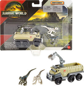 Transporteur de dinosaures JurassicWorld de Matchbox, voiture ou camion jouet et 1ou 2mini-dinosaures (les modèles peuvent varier)