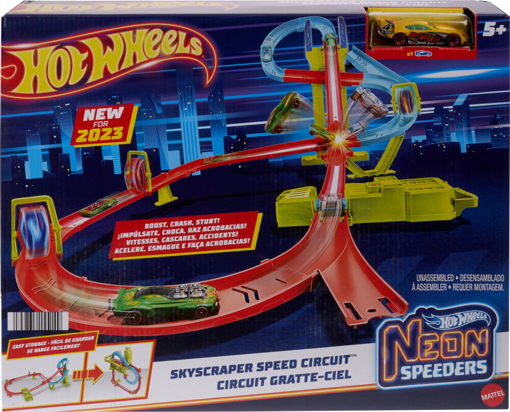 Hot Wheels Track Set Neon Speeders Skyscraper Speed Circuit with 1 Hot Wheels Car