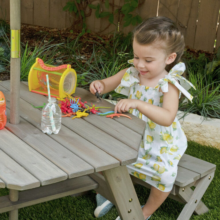 KidKraft - Wooden Octagon Table, Stools and Umbrella Set, Kids' Outdoor Furniture, Barnwood Gray and Navy