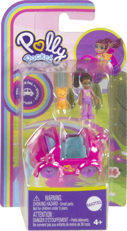 Polly Pocket Micro Doll with Cat-Themed Die-cast Car and Mini Pet, Travel Toys